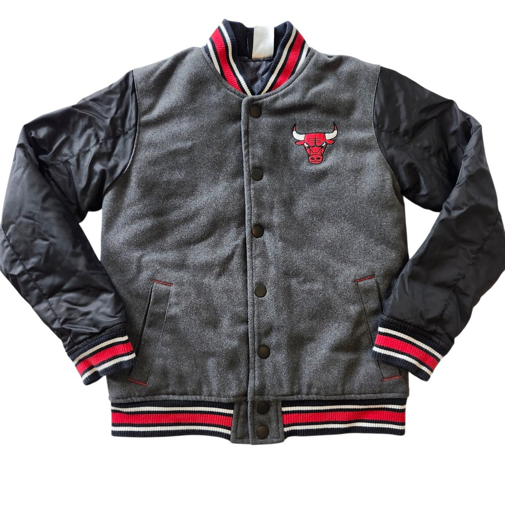 NBA Chicago Bulls Varsity Jacket Youth Boy Small 8 Grey Black Red Letterman Coat